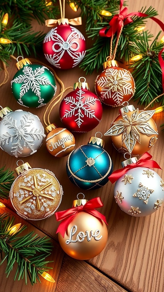 Colorful DIY 10-inch Christmas ornaments with glitter and ribbons on a wooden table.